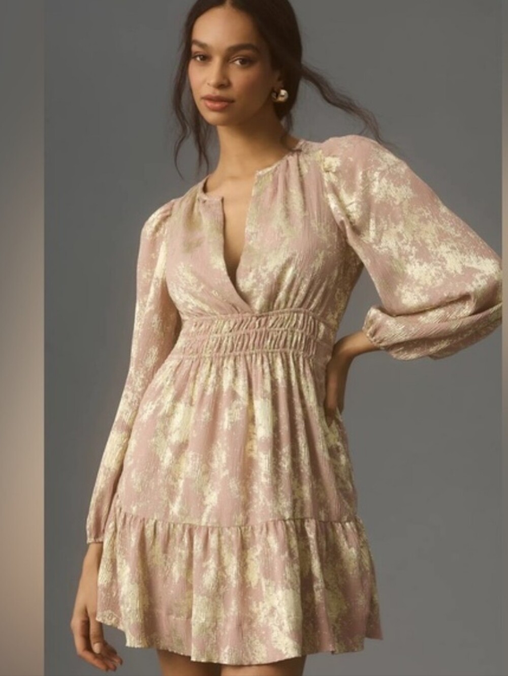 By Anthropologie Shimmery Pink Midi Dress - Gold Floral Accents - With Pockets_S - Picture 2 of 11